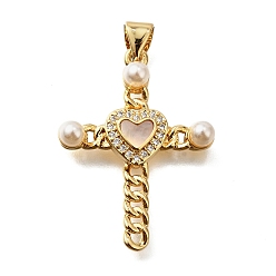 Cross Латунные микропаве кубические цирконии АБС имитация жемчуга подвески, без кадмия и без свинца, с оболочкой, реальный 18 k позолоченный, крестик, 28x21x5 мм, отверстие : 4x5 мм