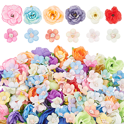 Colorful 200Pcs 16 Style Silk & Cloth Artificial Flowers, for Party, Wedding, Stage Decoration, Mixed Color, 22~40x12~33mm, Hole: 2~2.5mm