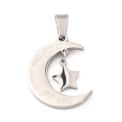 Stainless Steel Color Non-Tarnish 304 Stainless Steel Pendant, Moon with Star Charm, Stainless Steel Color, 23.5x18x2mm, Hole: 7x4mm