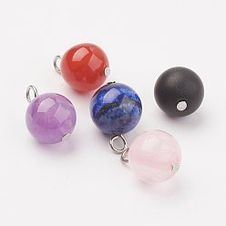 Mixed Stone Natural Gemstone Pendants, Round Charms, with Brass Eye Pin, Platinum, 14x10mm, Hole: 2mm