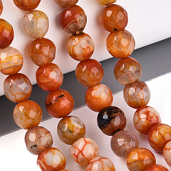 Коралловый Нити окрашенных и нагретых натуральных агатовых бус с огненным кракелюром, круглые, граненые, коралл, 7.5~8.5 мм, отверстие : 0.8~1.2 мм, около 47~48 шт / нитка, 13.78~14.96 дюйм (35~38 см)