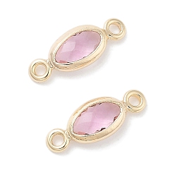 Pink Подвески для соединителей из латуни и стекла, овальные связи, без кадмия, без никеля и без свинца, реальный 18 k позолоченный, розовые, 10.5x4x1.5 мм, отверстие : 1 мм