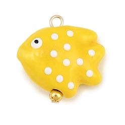 Yellow Handmade Porcelain with Brass Pendants, Fish with Polka Dot Charms, Rack Plating, Long-Lasting Plated, Lead Free & Cadmium Free, Real 18K Gold Plated, Yellow, 21x20.5x9mm, Hole: 2mm
