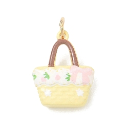 Bag Brass Enamel Pendants, Golden, Strawberry Basket Charm, 19x15x6mm, Hole: 4mm