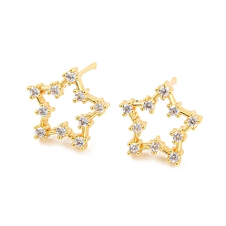 Real 18K Gold Plated Rack Plating Brass Cubic Zirconia Star Stud Earrings, Long-Lasting Plated, Lead Free & Cadmium Free, Real 18K Gold Plated, 11x12mm