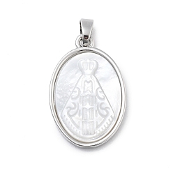 Платина Латунные резные подвески из натуральной белой ракушки в религиозном стиле овальной формы, Прелести Девы Марии Носса Сеньора Апаресида, платина, 23x15x3.5 мм, отверстие : 2x4.5 мм