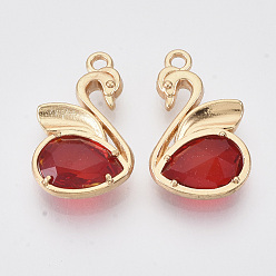 Light Gold Eco-Friendly Alloy Pendants, with Faceted Glass, Nickel Free, Swan, Red, Light Gold, 20x12.5x4mm, Hole: 1.5mm