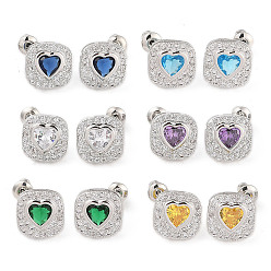 Mixed Color Rack Plating Brass Micro Pave Cubic Zirconia Stud Earrings, Long-lasting Plated, Square with Heart, Mixed Color, 13x13mm