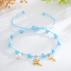 Небесно-голубой Браслеты с подвесками из латуни и искусственного жемчуга, Браслеты из полиэстеровой нити, сплетенные для женщин, олень и крест и круг, золотые, голубой
