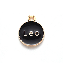 Leo Alloy Enamel Pendants, Cadmium Free & Lead Free, Flat Round with Constellation, Light Gold, Black, Leo, 22x18x2mm, Hole: 1.5mm