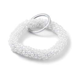 White Glass Beaded Bracelet Wrist Keychain, with Iron Key Ring, White, 9cm