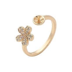 Настоящее золото 14K Кольцо-манжета из цветочной латуни с микропаве из кубического циркония, закрепки колец и штифтов для полусверленных бусин, реальный 14 k позолоченный, внутренний диаметр: 18 мм, штифты : 0.9 мм