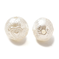 White ABS Plastic Imitation Pearl Beads, Flat Round with Heart, White, 10x9mm, Hole: 1.6mm, about 1162pcs/500g