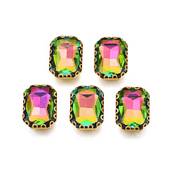 Pink Plated Sew on Rhinestone, Transparent Glass Rhinestones, with Iron Prong Settings, AB Color Plated, Faceted, Rectangle, Pink Plated, 15x11x5.5mm, Hole: 1mm