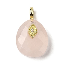 Розовый Кварц Природного розового кварца подвески, граненые подвески-слезинки с латунной фурнитурой из прозрачных кубических цирконий, реальный 18 k позолоченный, 18x12x6.5 мм, отверстие : 1.8 мм