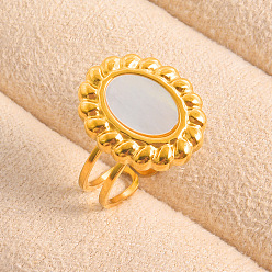 Настоящее золото 18K 304 Открытые кольца-манжеты из нержавеющей стали с натуральными ракушками для женщин, овальные, реальный 18 k позолоченный, 18 мм, внутренний диаметр: 19 мм