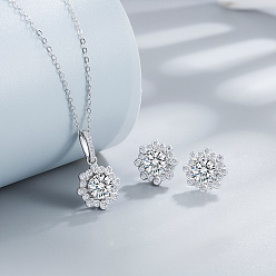Прозрачный Цветок 925 ожерелье из стерлингового серебра с кубическим цирконием и серьга-гвоздик, платина, прозрачные, 400 мм и 10 мм