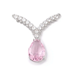 Pink Rack Plating Brass Micro Pave Cubic Zirconia 2-Loop Pendants, Teardrop & V-shape Charm, with Glass, Cadmium Free & Lead Free, Long-Lasting Plated, Platinum, Pink, 36x36x7mm, Hole: 1mm