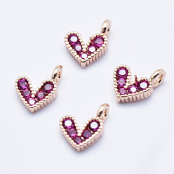Real Rose Gold Plated Brass Micro Pave Cubic Zirconia Charms, Long-Lasting Plated, Lead Free & Nickel Free & Cadmium Free, Heart, Hot Pink, Real Rose Gold Plated, 9.5x6.5x2mm, Hole: 1mm
