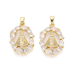 Настоящее золото 18K Латунные микропаве прозрачные подвески с фианитом, овальный с пирамидальными подвесками, реальный 18 k позолоченный, 22x15.5x4 мм, отверстие : 4x2.5 мм