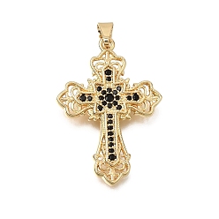 Real 18K Gold Plated Brass Micro Pave Black Cubic Zirconia Pendants, Cross Charms, Real 18K Gold Plated, 38x26x2.5mm, Hole: 8x3.5mm