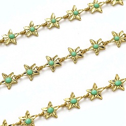 Spring Green Brass Link Chains, with Enamel, Spool, Long-Lasting Plated, Unwelded, Star, Golden, Spring Green, Link: 9x6.1x1.5mm