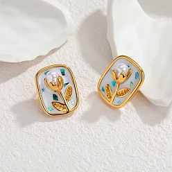 Rectangle 304 серьги-гвоздики из нержавеющей стали для женщин, цветок, с эмалью, золотые, прямоугольные, 23x18.5 мм