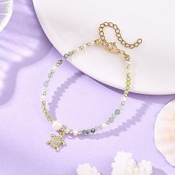 Green Gradient Natural Peridot & Moss Agate & Green Aventurine Faceted Round Beaded Necklaces with Natural Pearl, Ocean Brass Micro Pave Clear Cubic Zirconia Tortoise Charm Bracelets for Women, Golden, Green, 6.56 inch(16.65cm)