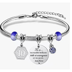 Нержавеющая Сталь Цвет День рождения 201 браслеты с подвесками из нержавеющей стали, браслеты из змеиной цепи для женщин, шестиугольник, сердце и плоский круг, цвет нержавеющей стали, 3 дюйм (7.5 см)