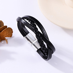 Черный Перекрещивающиеся плетеные браслеты из искусственной кожи, Ювелирные изделия из сплава с магнитной застежкой для женщин и мужчин, платина, чёрные, 8.27 дюйм (21 см)