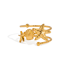 Настоящее золото 18K Кольца-манжеты из нержавеющей стали с морской тематикой, форма морской звезды/ракушки, реальный 18 k позолоченный, 11.7 мм, внутренний диаметр: регулируемый