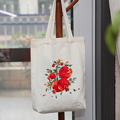 White DIY Pomegranate Pattern Tote Bag Embroidery Kit, including Embroidery Needles & Thread, Cotton Fabric, Plastic Embroidery Hoop, White, 390x340mm