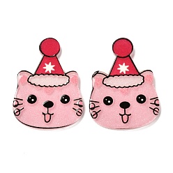 Pink Christmas Themed Acrylic Cabochons, Cat with Christmas Hat, Pink, 31.5x23x2mm