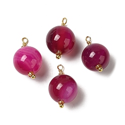 Camellia Dyed Natural Agate Pendants, Round Charms with Real 18K Gold Plated Brass Loops, Camellia, 20~20.5x11.5~12.5mm, Hole: 1.4~1.5mm