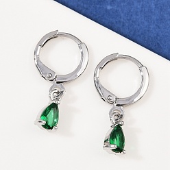 Зеленый Серьги-кольца в форме слезы с микропаве из кубического циркония из латуни, платина, зелёные, 22x5 мм