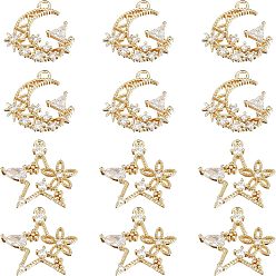 Real 18K Gold Plated 12Pcs 2 Styles Brass Micro Pave Cubic Zirconia Pendants, Mixed Shapes, Real 18K Gold Plated, 6pcs/style