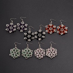 Mixed Stone Flower Natural & Synthetic Mixed Stone Beads Dangle Earrings, with Glass Seed Beads and Brass Earring Hooks, Mixed Color, 60mm, Pin: 0.7mm