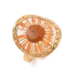 Золотой Плоские круглые ионное покрытие (IP) 304 открытые манжеты из нержавеющей стали для женщин, с эпоксидной смолой и сухоцветом внутри, золотые, 17.5 мм, регулируемый