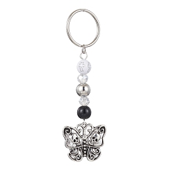 Butterfly Alloy Pendant Keychain, with Iron Split Key Rings and Acrylic Beads, Butterfly, 7.9cm