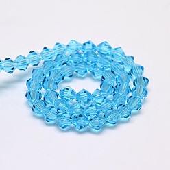Deep Sky Blue Imitate Austrian Crystal Bicone Glass Beads Strands, Grade AA, Faceted, Deep Sky Blue, 6x6mm, Hole: 1mm, about 46~48pcs/strand, 10.5 inch