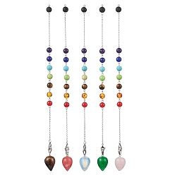 Mixed Stone Chakra Synthetic & Natural Mixed Gemstone Pointed Dowsing Pendulums, with 304 Stainless Steel Cable Chains, Round & Teardrop, 250mm, Pendants: 25.5x16mm