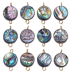 Золотой 12 шт. натуральные раковины абалон/ракушки пауа плоские круглые подвески-соединители, с латунной фурнитурой , золотые, 16 мм, отверстие : 1.6 мм