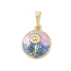 Mittelblau Messing Emaille-Anhänger, flache runde & Blumenanhänger, Gestell, langlebig überzogen, cadmiumfrei und bleifrei, echt 18 k vergoldet, mittelblau, 15.5x13.5x3.5 mm, Bohrung: 2.5x10 mm