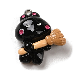 Cat Shape Непрозрачные подвески смолы, Подвески на Хэллоуин с петлями из платинового сплава, чёрные, форма кошки с метлой, 28x22.5x9 мм, отверстие : 1.5 мм