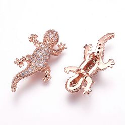 Розовое Золото Латунные микро проложить кубического циркония бусы, геккон, розовое золото , 27x13~15x6.5 мм, отверстие : 1 мм