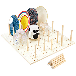 BurlyWood 3Pcs Rectangle Wood Pegboard Drawer Organizer, Dish and Plate Storage Holder, with Zinc Alloy & Wood 16 Pegs, BurlyWood, 433x150x10mm