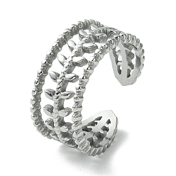 Stainless Steel Color Non-Tarnish 304 Stainless Steel Open Cuff Ring, Hollow Leaf, Stainless Steel Color, US Size 7 1/2(17.7mm)