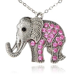 Rose Tibetan Style Alloy Rhinestone Pendants, Elephant, Antique Silver, Rose, 43x51x5.5mm, Hole: 3.5mm