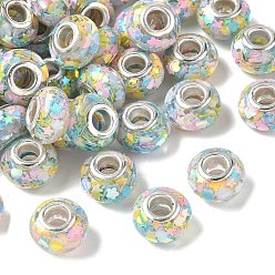 Нектар Прозрачные европейские бусины-рондель из смолы, с пайетками и латунными сердечниками платинового тона, бусины с большим отверстием, нектар, 14x8.5 мм, отверстие : 5 мм