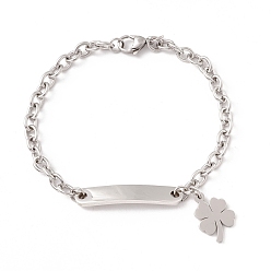 Stainless Steel Color Tarnish Resistant 201 Stainless Steel Rectangle & Clover Charm Bracelet with Cable Chain for Women, Stainless Steel Color, 7-5/8 inch(19.3cm)
